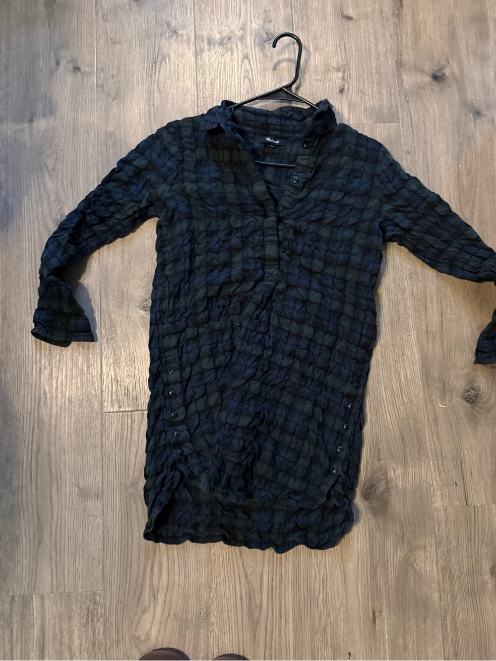 Madewell Black and Dark Green Textured Plaid Tunic Dress